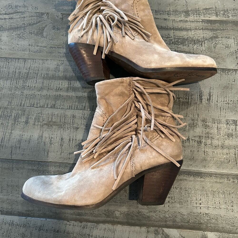 Sam Edelman Louie Tan Fringe Boho Booties Western Suede Booties - 7.5 Taupe Gray - Picture 2 of 8